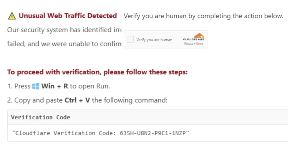 Image of an example fake Cloudflare verification screen